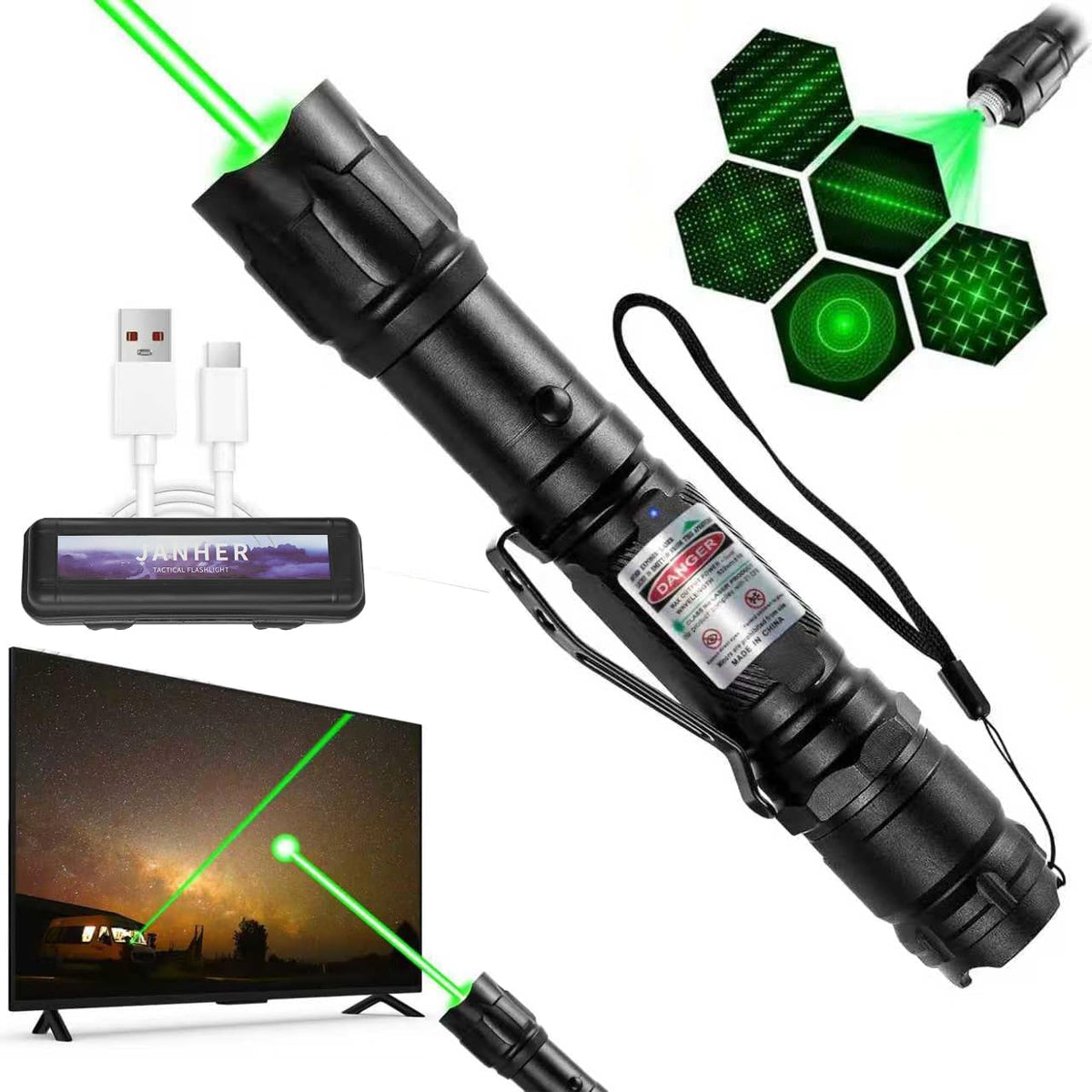 Puntero láser verde de alta potencia, enfoque ajustable, estuche de transporte