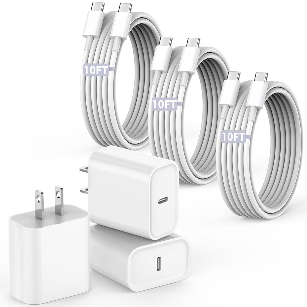 Cable de carga rápida de 10 pies para iPhone 17 16e 15, paquete de 3 cables de carga USB C a tipo C de 20 W, bloque de carga USBC de 20 W, carga súper rápida para iPhone 17 Air/17 16 15 Pro/Plus/Pro Max, iPad Pro