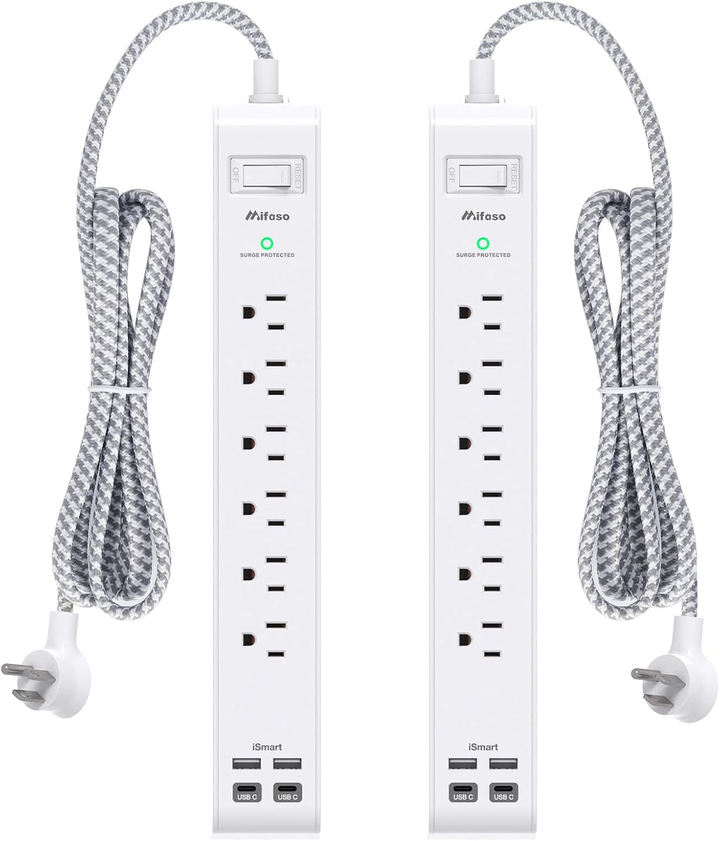 Paquete de 2 regletas protectoras contra sobretensiones, 6 tomas, 4 puertos USB (2 USB C) cables de extensión de 5 pies de largo, tira de salida de protección contra sobrecarga de enchufe plano