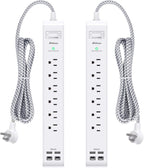 Paquete de 2 regletas protectoras contra sobretensiones, 6 tomas, 4 puertos USB (2 USB C) cables de extensión de 5 pies de largo, tira de salida de protección contra sobrecarga de enchufe plano