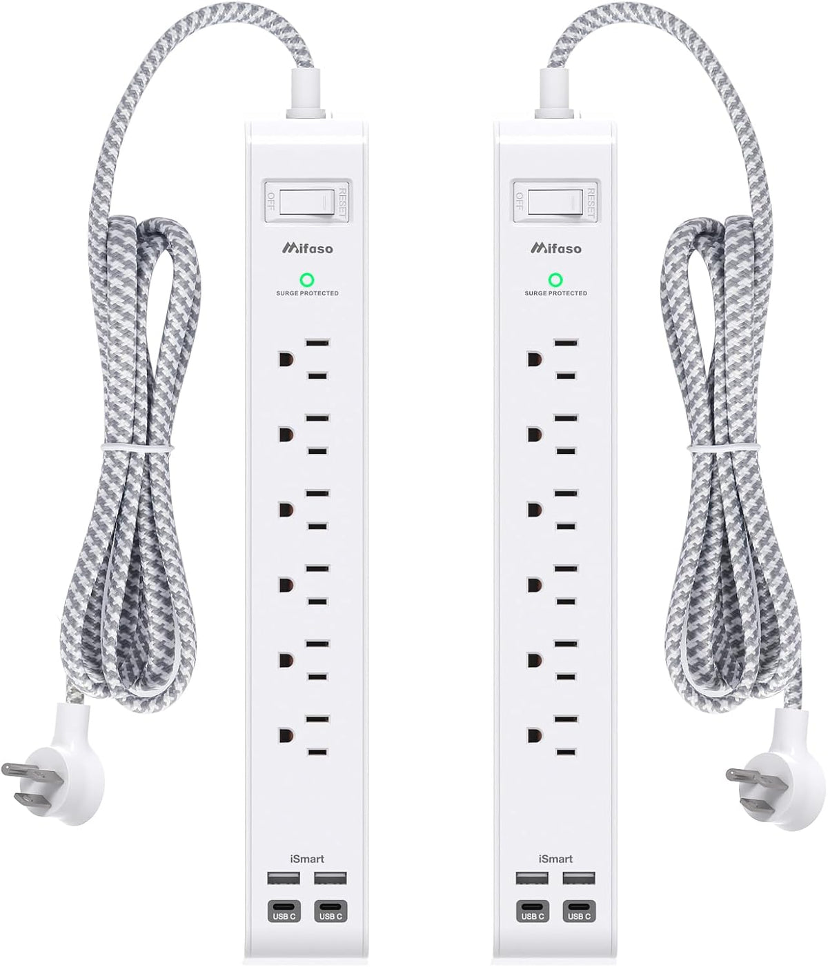 Paquete de 2 regletas protectoras contra sobretensiones, 6 tomas, 4 puertos USB (2 USB C) cables de extensión de 5 pies de largo, tira de salida de protección contra sobrecarga de enchufe plano