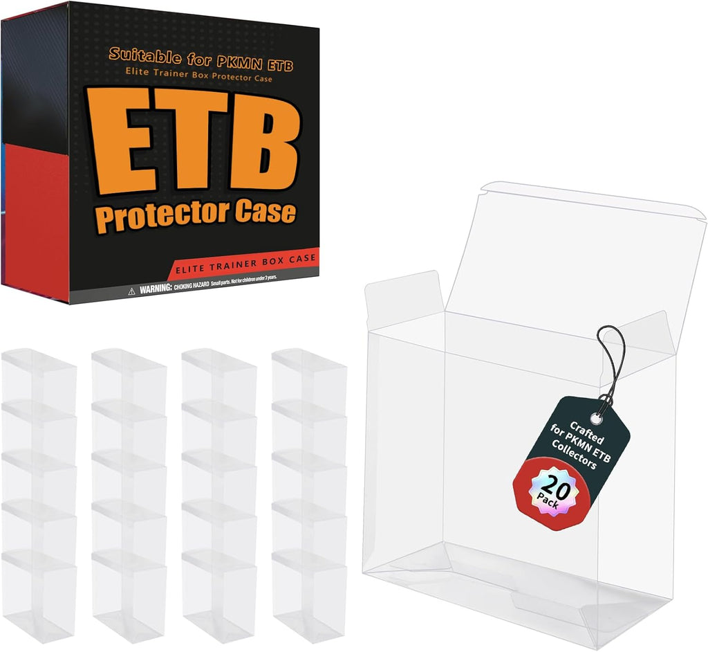 Paquete de 20 fundas protectoras ETB hechas para PKMN Elite Trainer, cajas protectoras de 0.020 in de grosor, plástico PET PKMN ETB, protector transparente resistente con parte inferior de bloqueo automático y película protectora