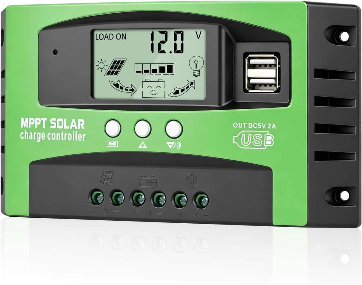 Controlador de carga de panel solar MPPT de 30 A, controlador de cargador de batería solar automático de 12 V/24 V con pantalla LCD, puerto USB dual y temporizador de ajuste de horas de encendido