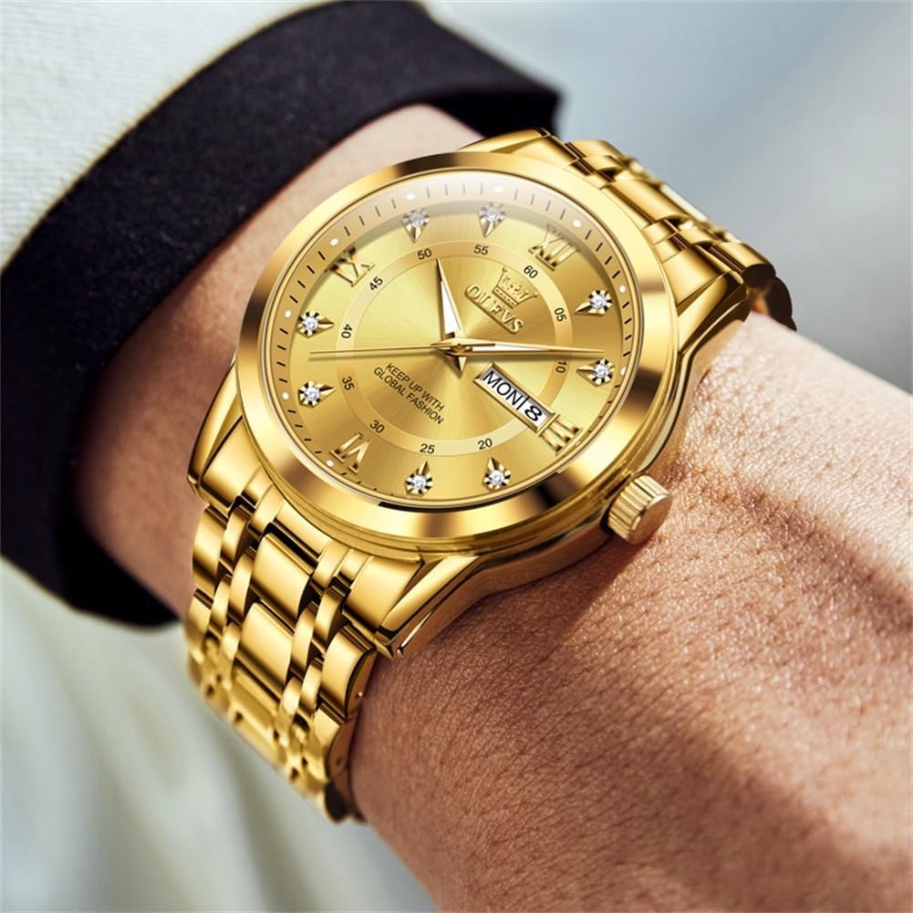 OLEVS Reloj de lujo para hombre de gran esfera con acero inoxidable y pulsera dorada, con día y fecha