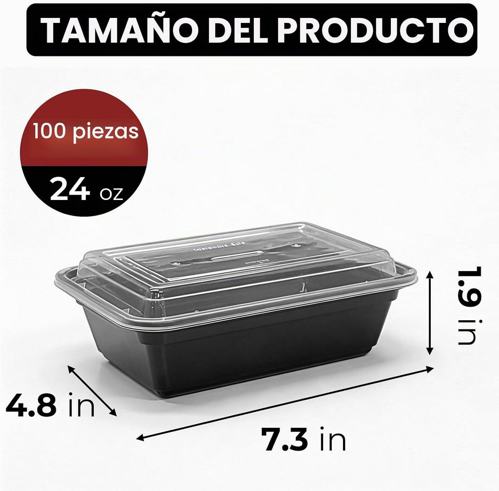 Paquete de 100 recipientes (200 piezas) de 24 onzas para preparación de comidas reutilizables, con tapas, resistentes a prueba de fugas, recipientes de plástico para llevar para microondas
