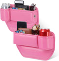 Aliceset Paquete de 2 organizadores de asiento de automóvil rosa con portavasos y organizador de cuero para llaves, tarjetas, teléfono, gafas de sol y artículos pequeños