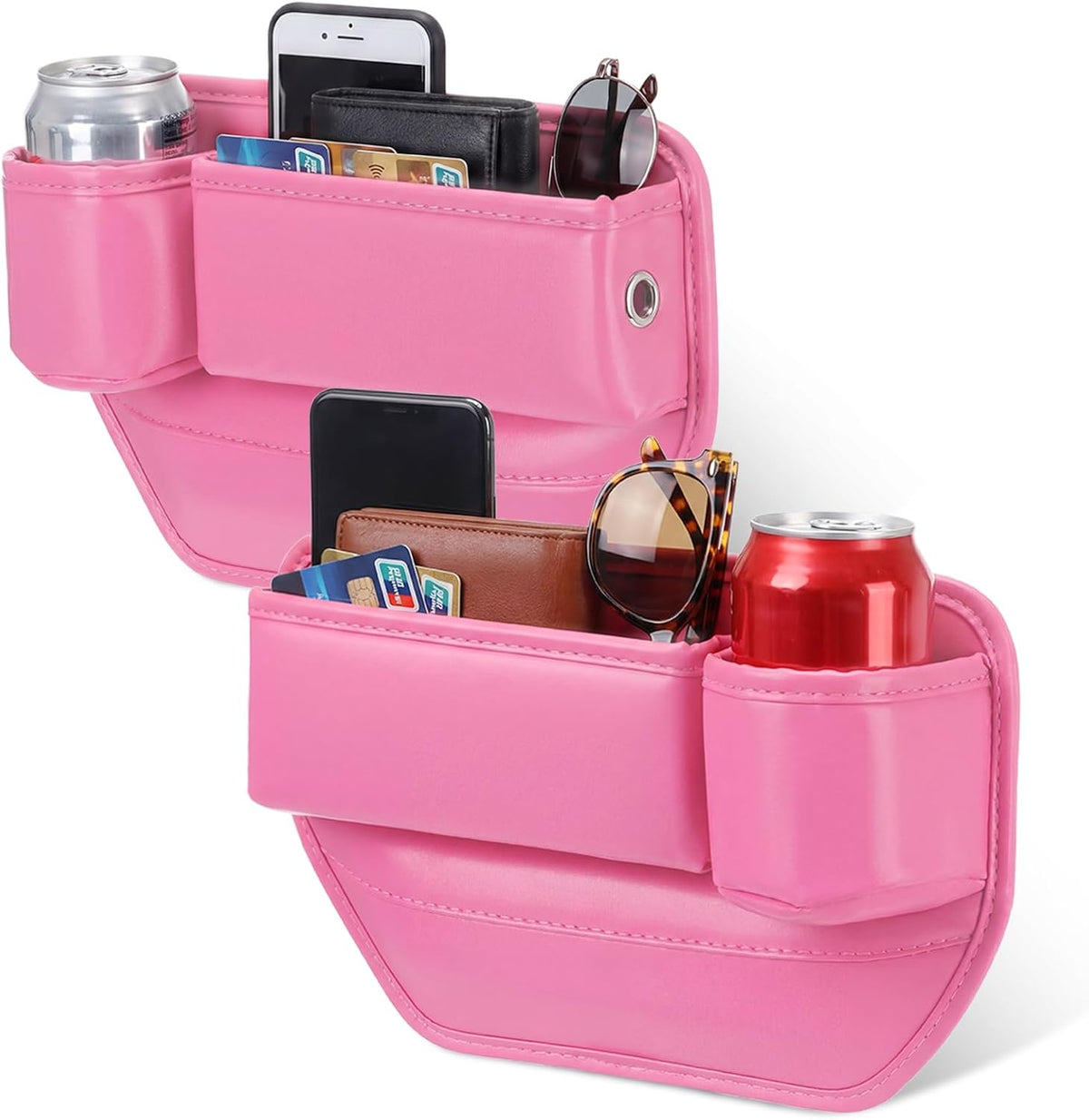 Aliceset Paquete de 2 organizadores de asiento de automóvil rosa con portavasos y organizador de cuero para llaves, tarjetas, teléfono, gafas de sol y artículos pequeños
