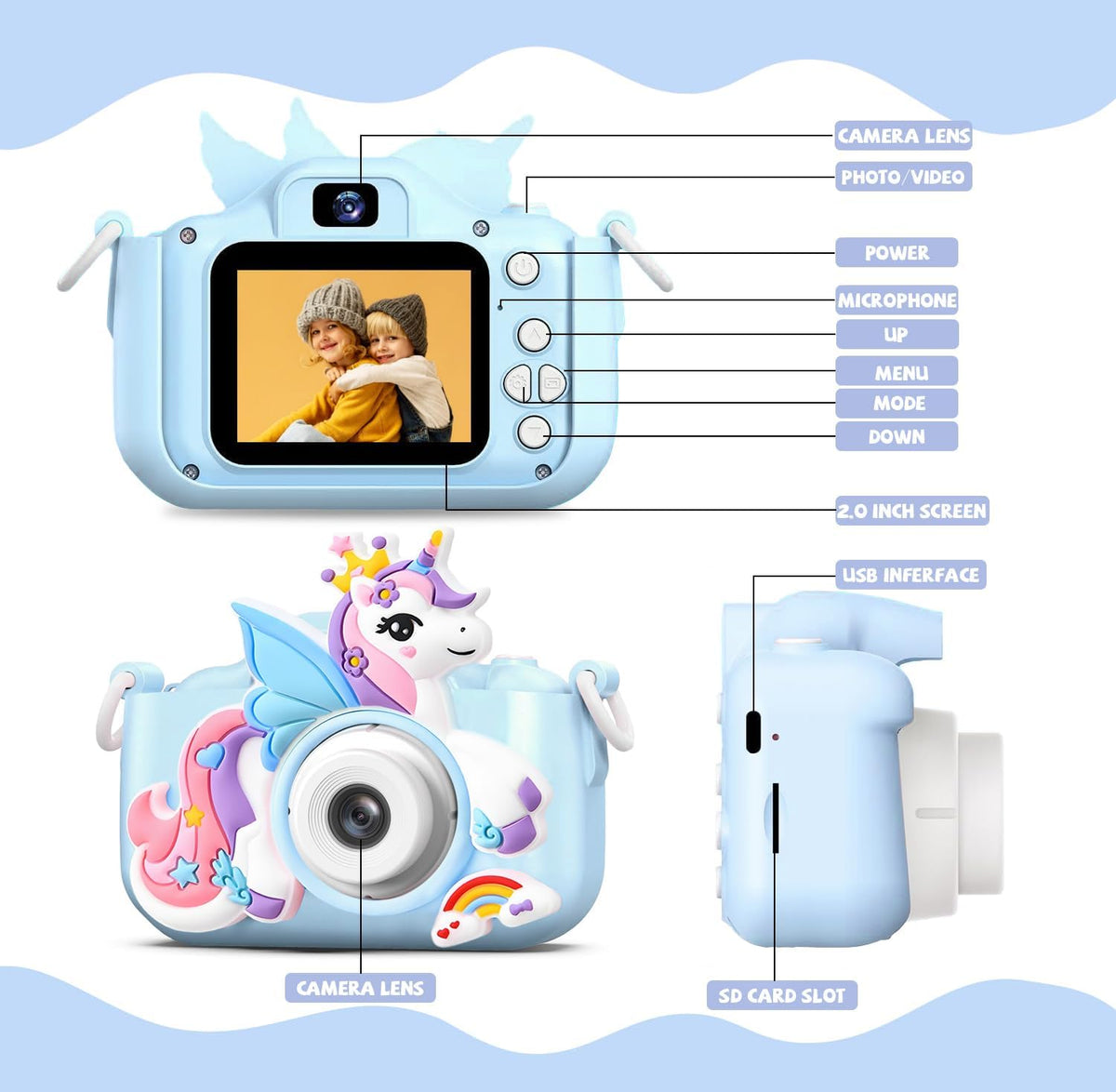 Cámara azul para niños y niñas, cámara de video digital HD 1080P co...