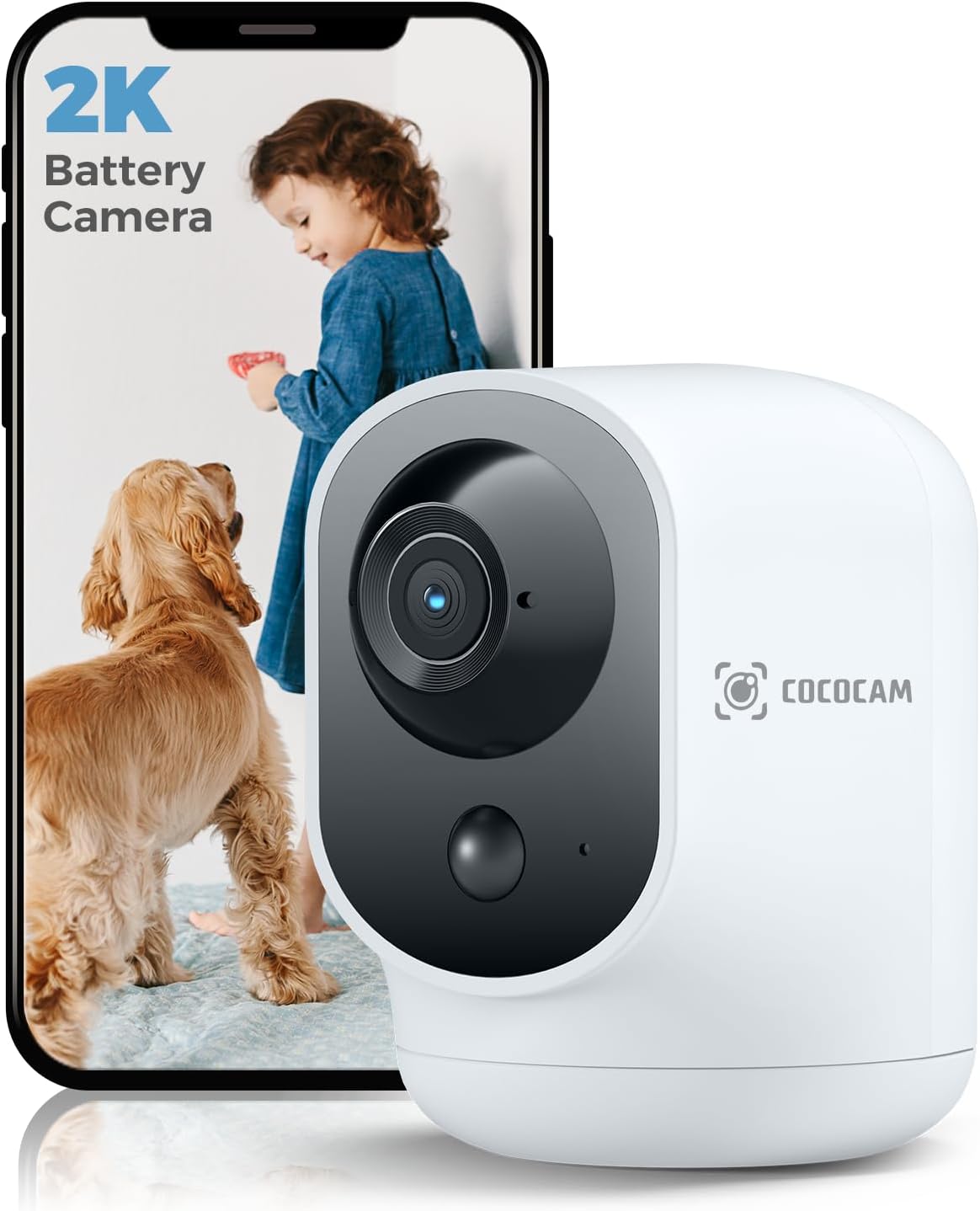 COCOCAM Cámara de Seguridad 2K para Interiores Pan/Tilt con Batería de 5200mAh, Cámara WiFi, Inalámbrica para Monitor de Bebé/Mascota/Seguridad en el Hogar, Reconocimiento IA, Detección Humana PIR