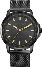 Perry Ellis Reloj para hombre con energía solar | Correa de malla de acero | Relojes de pulsera analógicos resistentes al agua para hombre | Caja de 43mm | Bisel de tacómetro de aluminio | Elegante