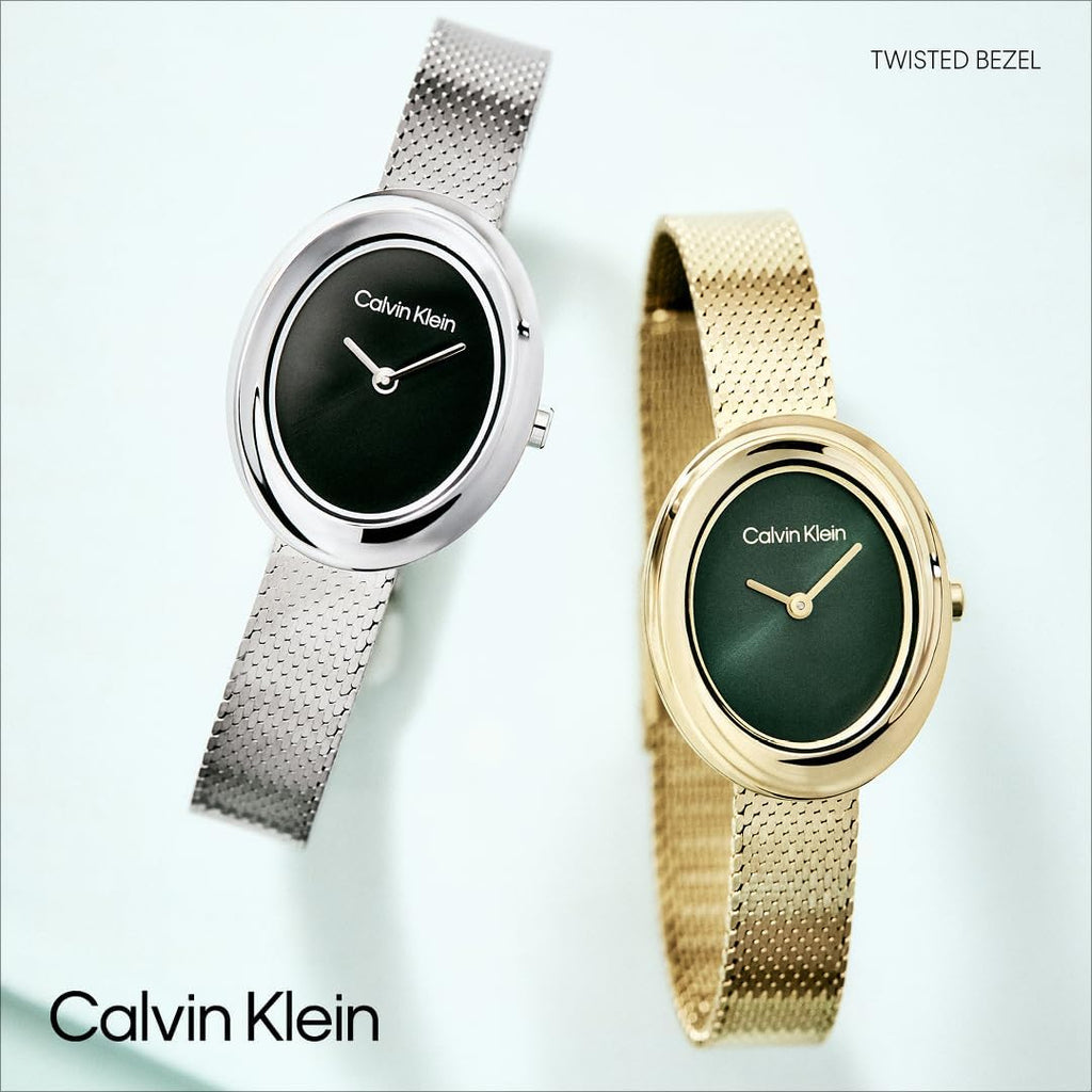 Calvin Klein Reloj de acero inoxidable con bisel trenzado para mujer, caja ovalada de 0.945 in, pulsera de malla, esfera de rayos solares, diseño elegante, regalo para ella