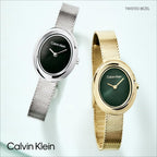 Calvin Klein Reloj de acero inoxidable con bisel trenzado para mujer, caja ovalada de 0.945 in, pulsera de malla, esfera de rayos solares, diseño elegante, regalo para ella