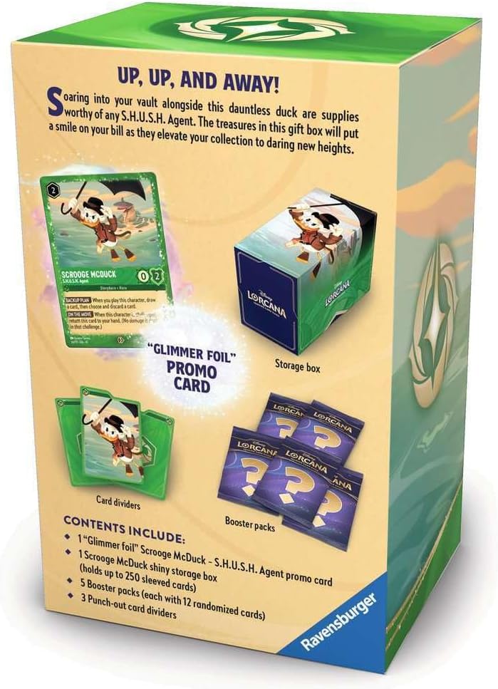 Ravensburger Disney Lorcana TCG: Scrooge McDuck - Tarjeta promocional de papel de aluminio brillante, 5 paquetes de refuerzo surtidos, caja de almacenamiento y divisores, juego de cartas coleccionables de Disney, a partir de 8 años