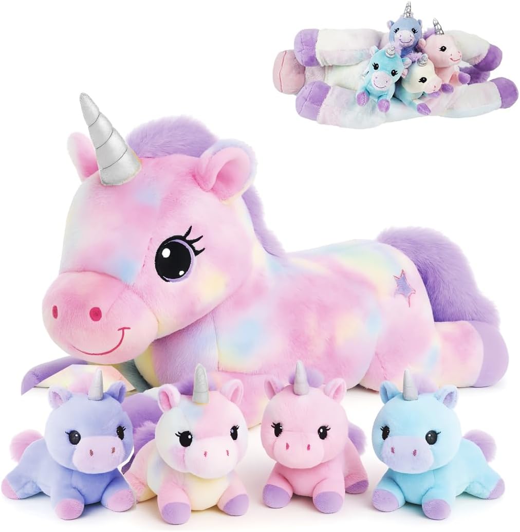 little tigers Peluche de unicornio mamá con 4 bebés en la barriga