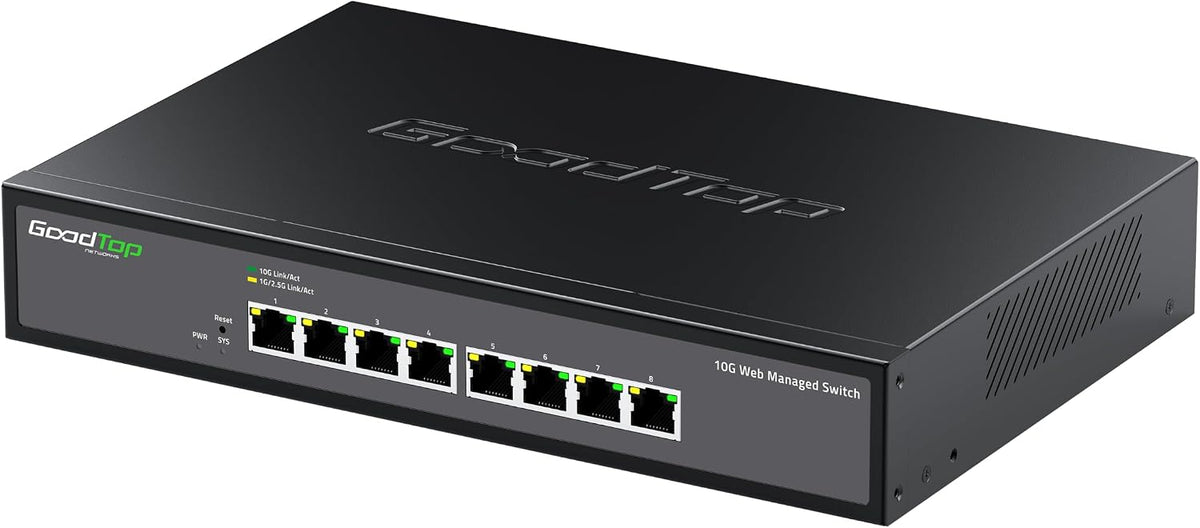 Conmutador de 10 Gb, 8 puertos, conmutador administrado por red Ethernet con ventilador ultra silencioso, agregación de enlaces/VLAN/QoS, carcasa metálica, interruptor de red Homelab