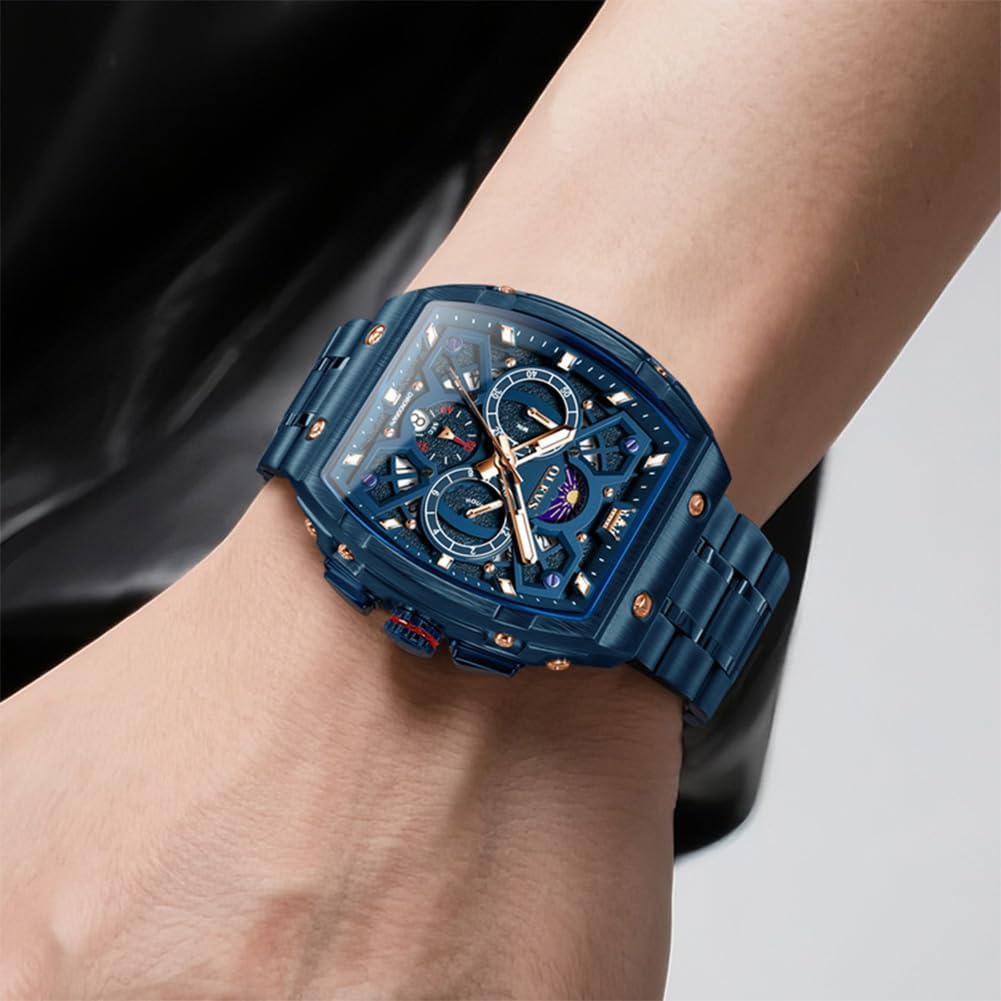 OLEVS Reloj para Hombres Analógico Cuarzo Lujo Diamante Resistente al Agua Cronógrafo Acero Inoxidable Carita Grande Cuadrado Fecha Fase Lunar Romano Relojes de Vestir para Hombres