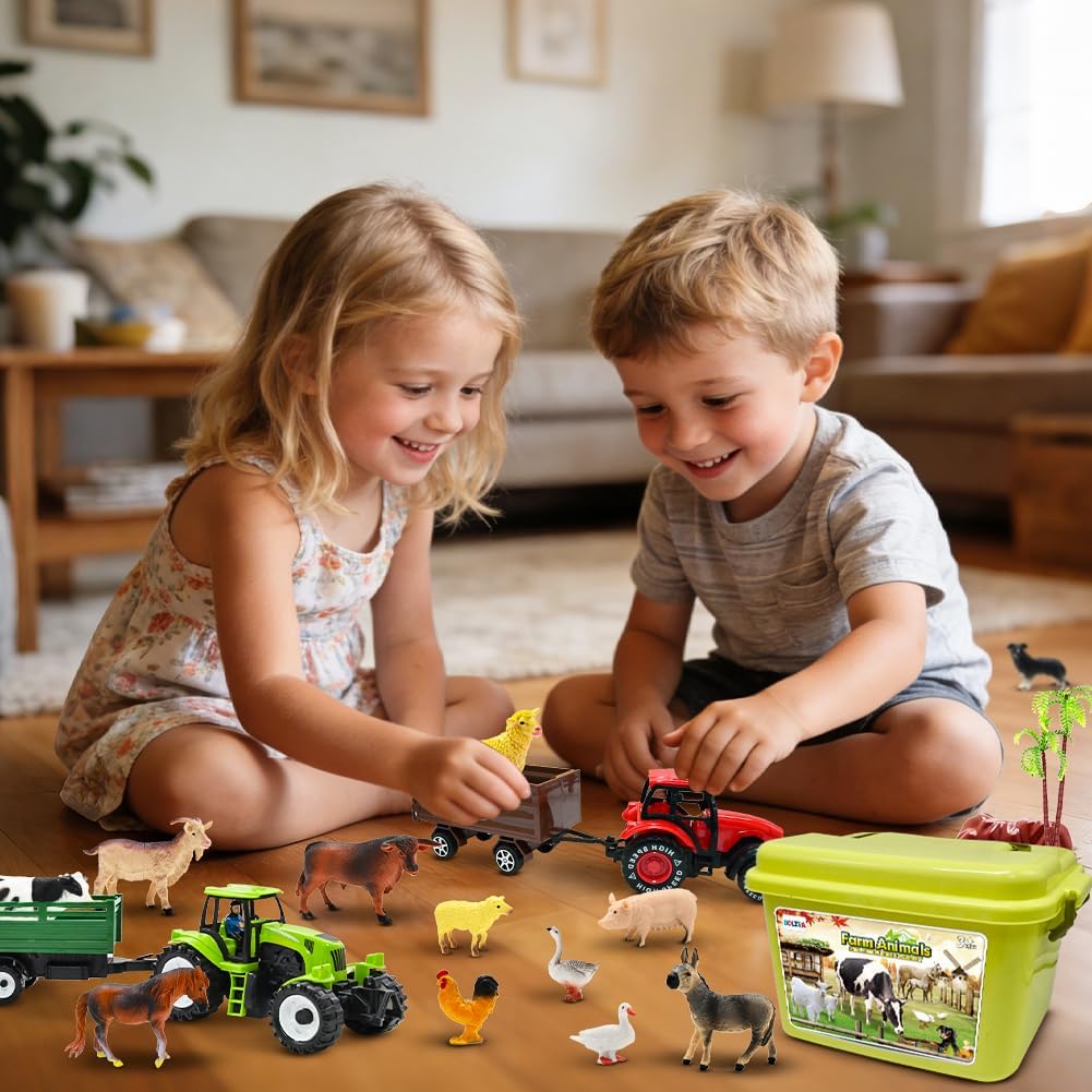 BOLZRA 32PCS Figuras de Animales de Granja con Tractores para Niños Pequeños de 1 a 5 años