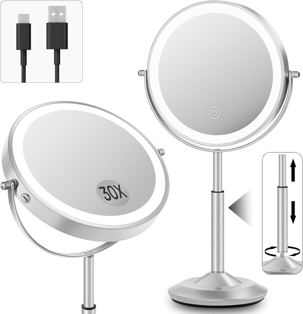Espejo de maquillaje iluminado de 8 pulgadas con luz, espejo ajustable de