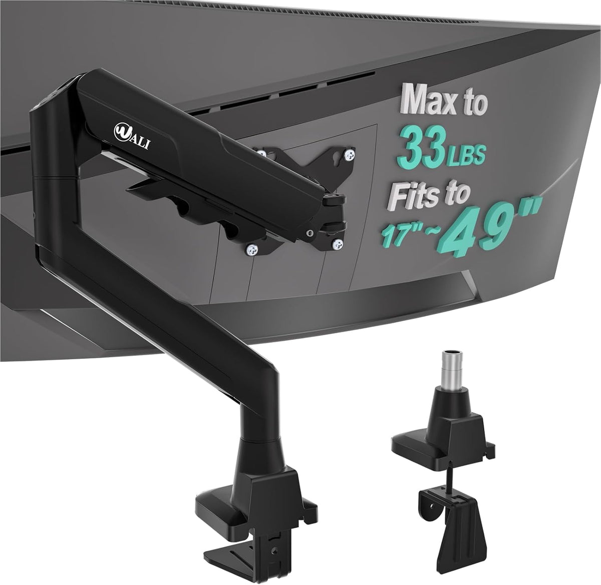 WALI - Brazo de escritorio resistente para monitor único de 17 a 49 pulgadas, pantallas ultra amplias planas y curvas, hasta 15 kg, soporte de escritorio ajustable con resorte de gas para monitor