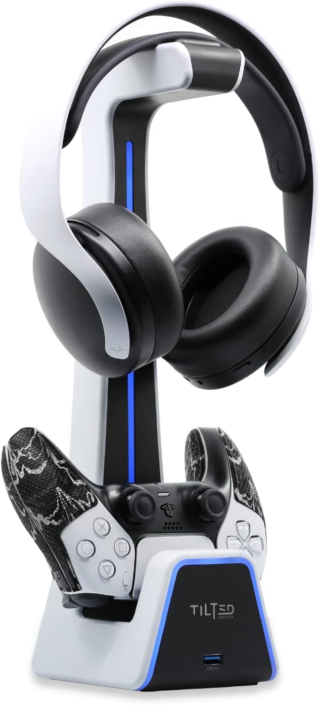 Soporte para auriculares y controlador para juegos | Accesorios premium para PS5 (espacio limpio con estación de carga) Soporte para auriculares y controlador para escritorio, PlayStation 5, Xbox Game,