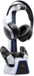 Soporte para auriculares y controlador para juegos | Accesorios premium para PS5 (espacio limpio con estación de carga) Soporte para auriculares y controlador para escritorio, PlayStation 5, Xbox Game,