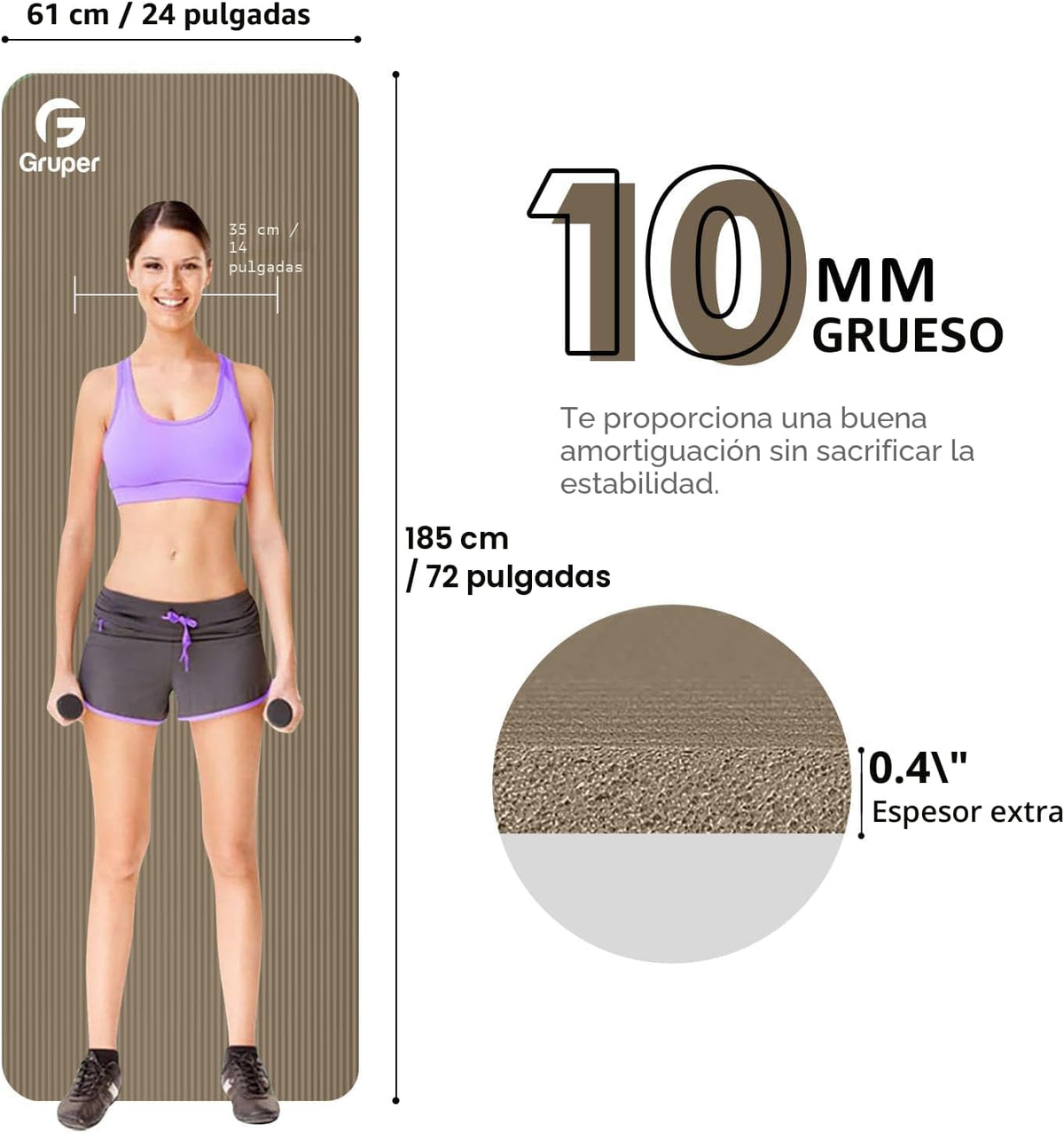 Gruper Esterilla de yoga antideslizante, 10/15mm de grosor NBR extra gruesa