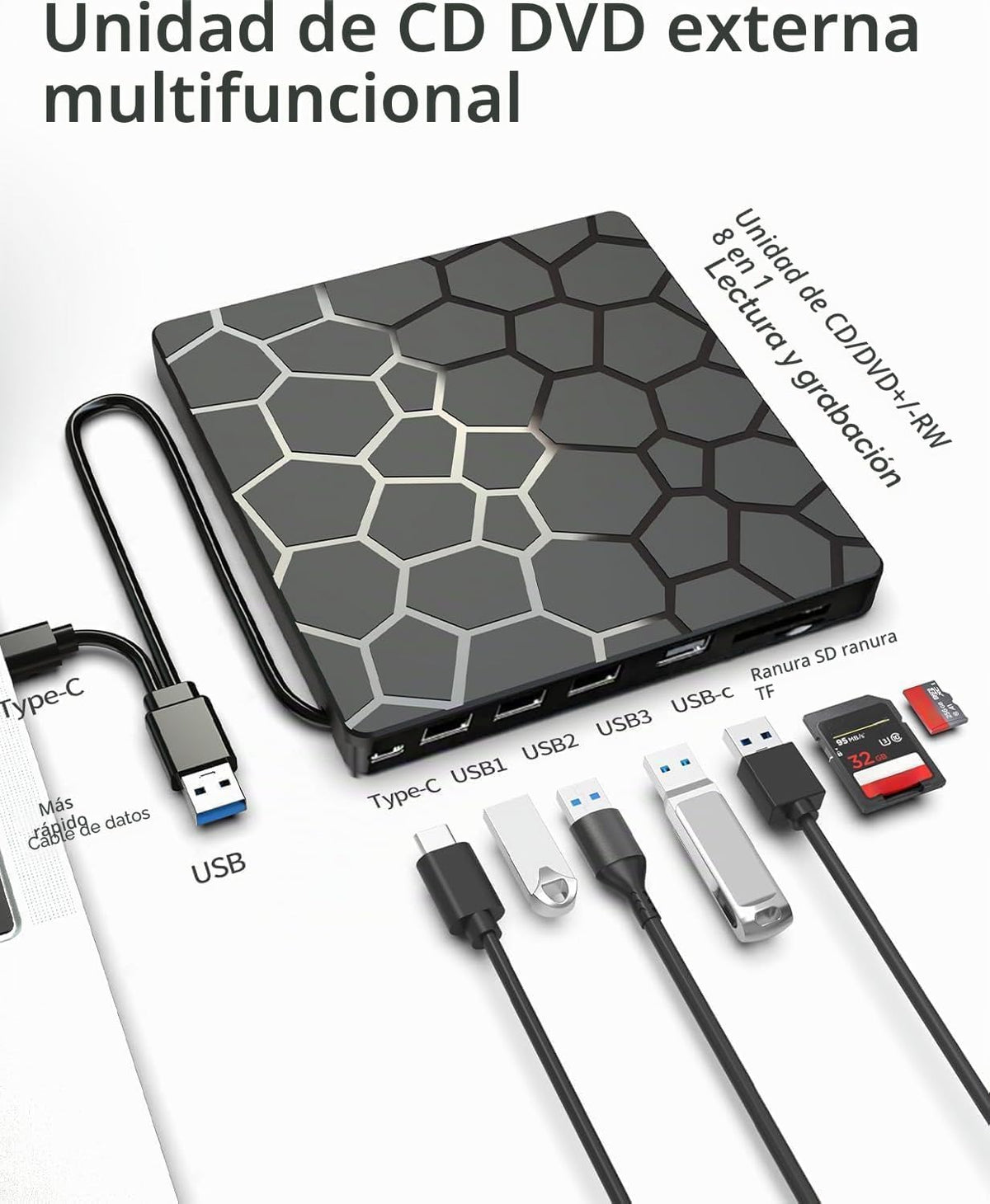 ASHDOL Unidad externa de CD y DVD, 8 en 1 USB 3.0 y lector de disco...