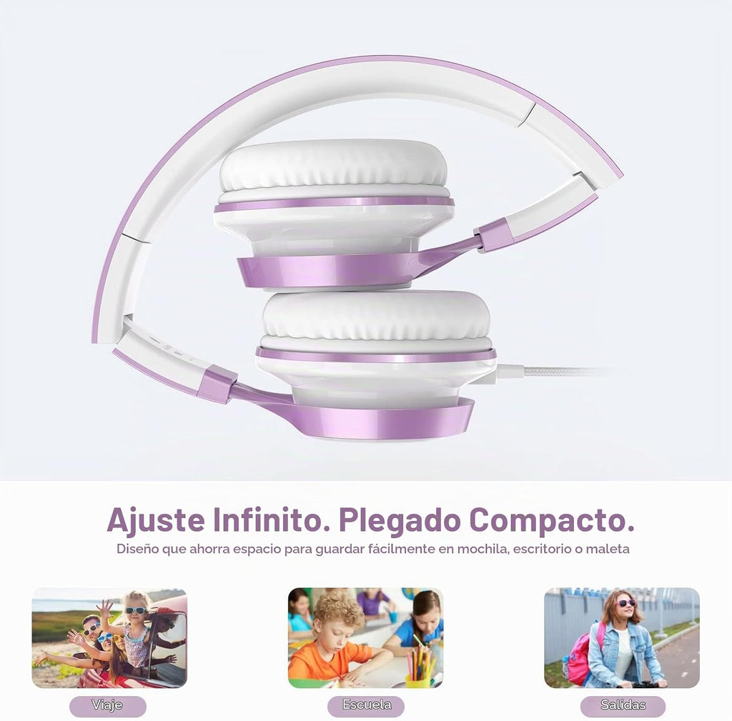 Ailihen Auriculares para Niños para Escuela con Micrófono, con cable, 3.5mm, Morado