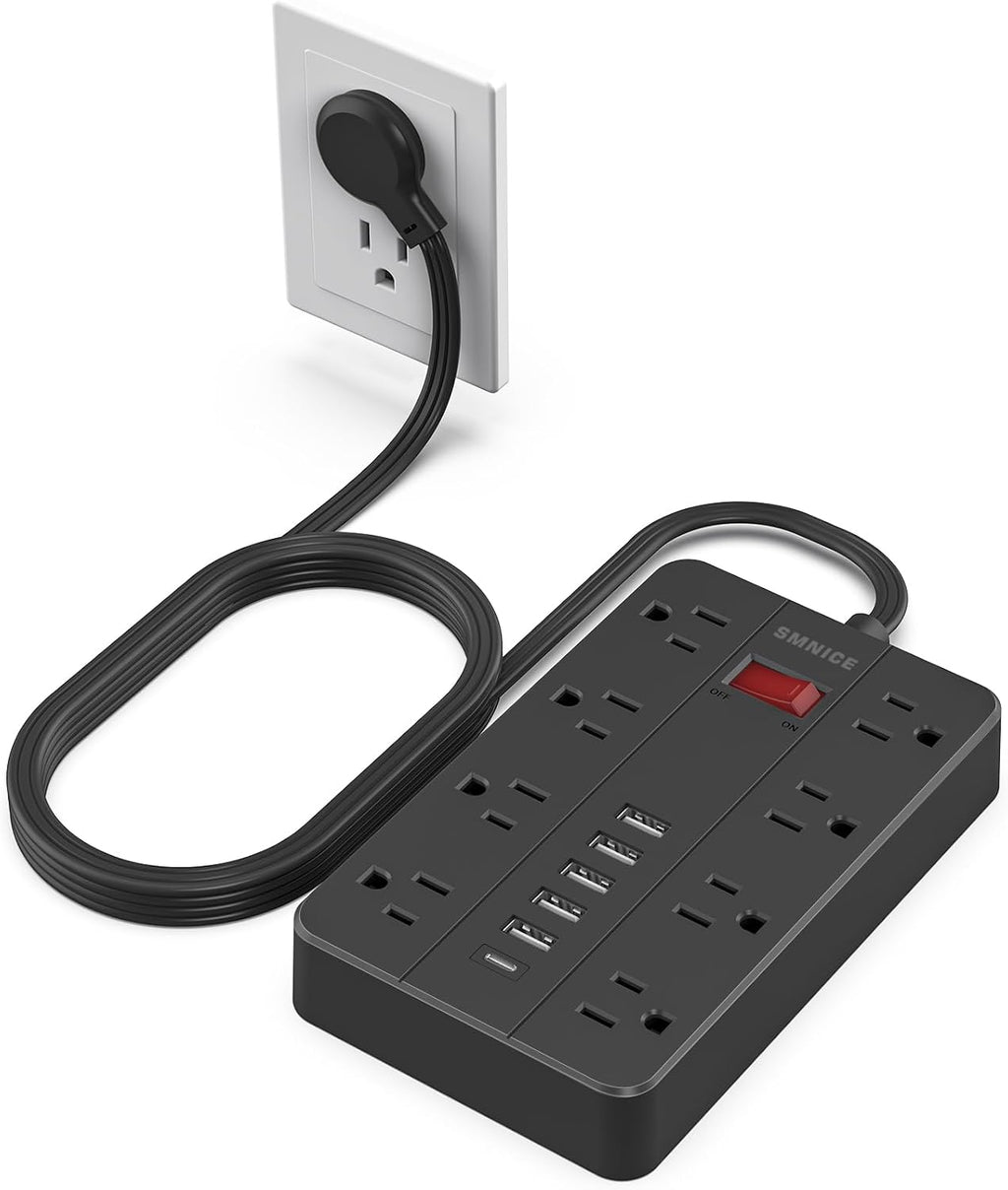 Regleta de alimentación con USB, enchufe plano con 8 tomas de corriente ampliamente espaciadas y 6 puertos USB (1USB C), cable de extensión de 5 pies de montaje en pared para smartphone