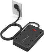Regleta de alimentación con USB, enchufe plano con 8 tomas de corriente ampliamente espaciadas y 6 puertos USB (1USB C), cable de extensión de 5 pies de montaje en pared para smartphone