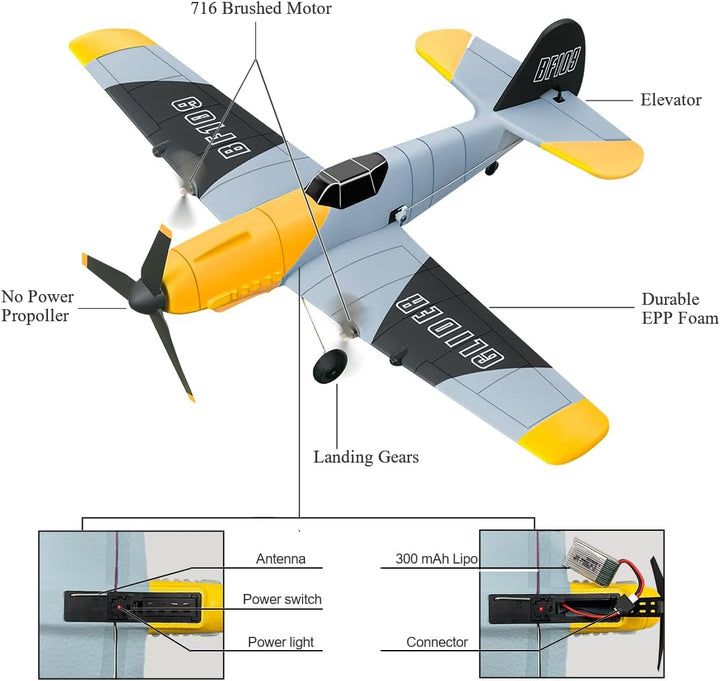 HAWK'S WORK Avión RC de 3 canales BF-109, avión de control remo...