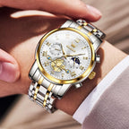 OLEVS Relojes de Oro para Hombres Reloj de Pulsera de Lujo a Prueba de Agua Gran Cara Elegante Acero Inoxidable Analógico Cuarzo Fecha Cronógrafo Luminoso Lectura Fácil Relojes de Negocios Regalos para Hombres Graduación