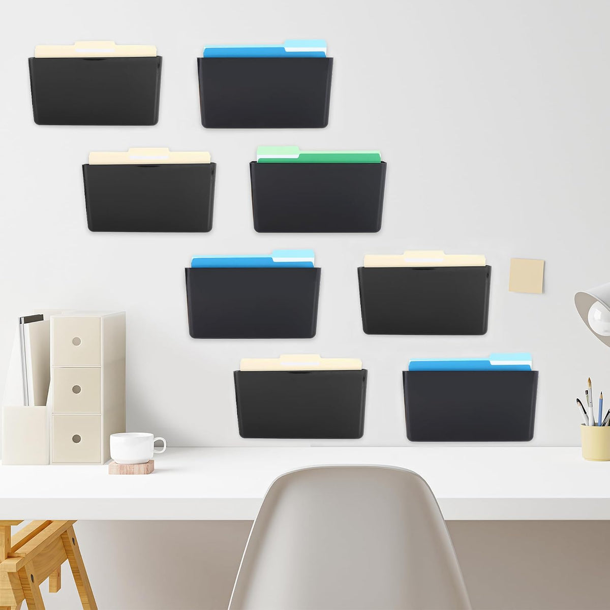 Paquete de 8 organizadores de archivos colgantes de plástico negro con un solo bolsillo, soporte para revistas, correos de papel para montaje en pared, contenedores montados para carpetas