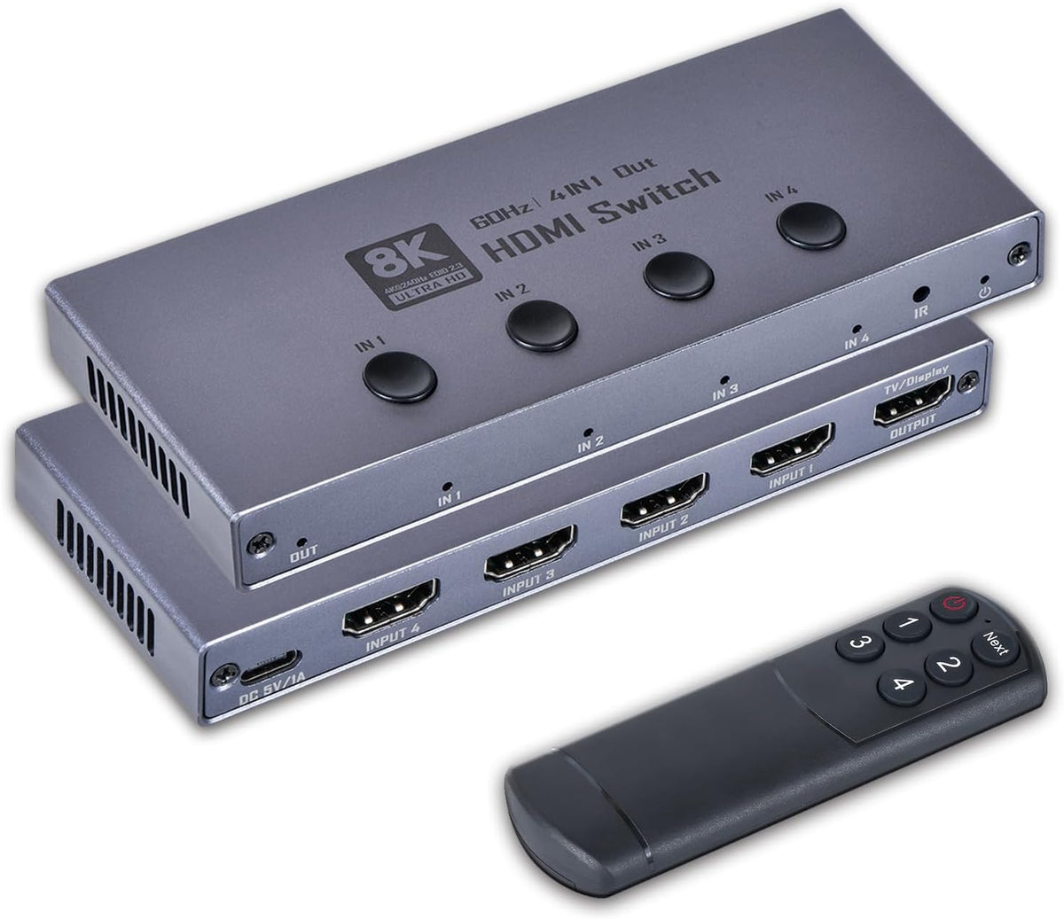 Interruptor HDMI 2.1 de 8K, conmutador HDMI 2.1 4 en 1 salida compatible con 8K @60Hz, 4K @120Hz, 1080P @240Hz, HDCP 2.3 CEC VRR ALLM HDR 10+ 3D Dolby Atmos compatible con PS5 Xbox Blu-Ray Player etc