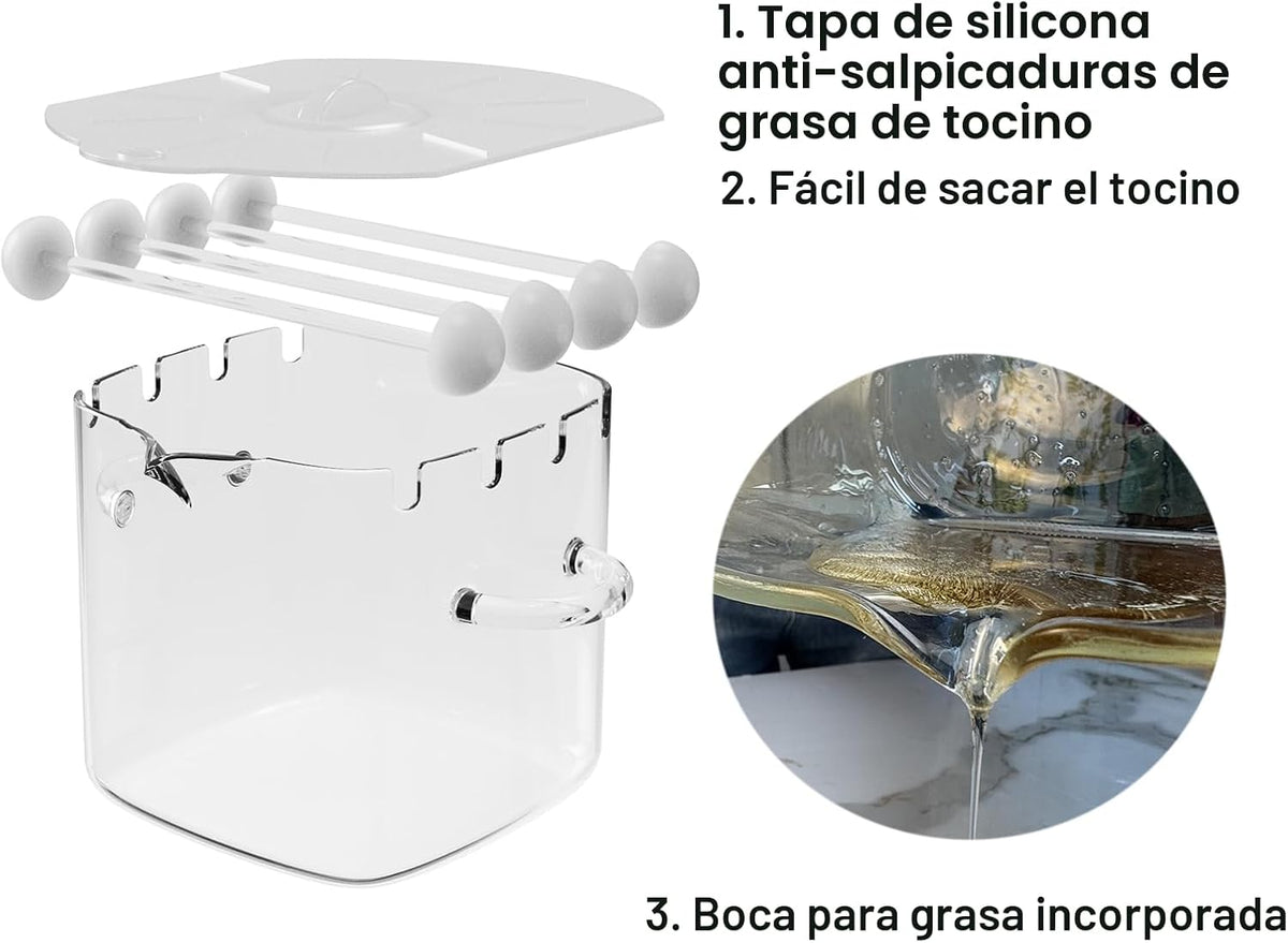 Cocina de vidrio para microondas y tocino, tapa de silicona, 4 pinchos de vidrio, 100 onzas