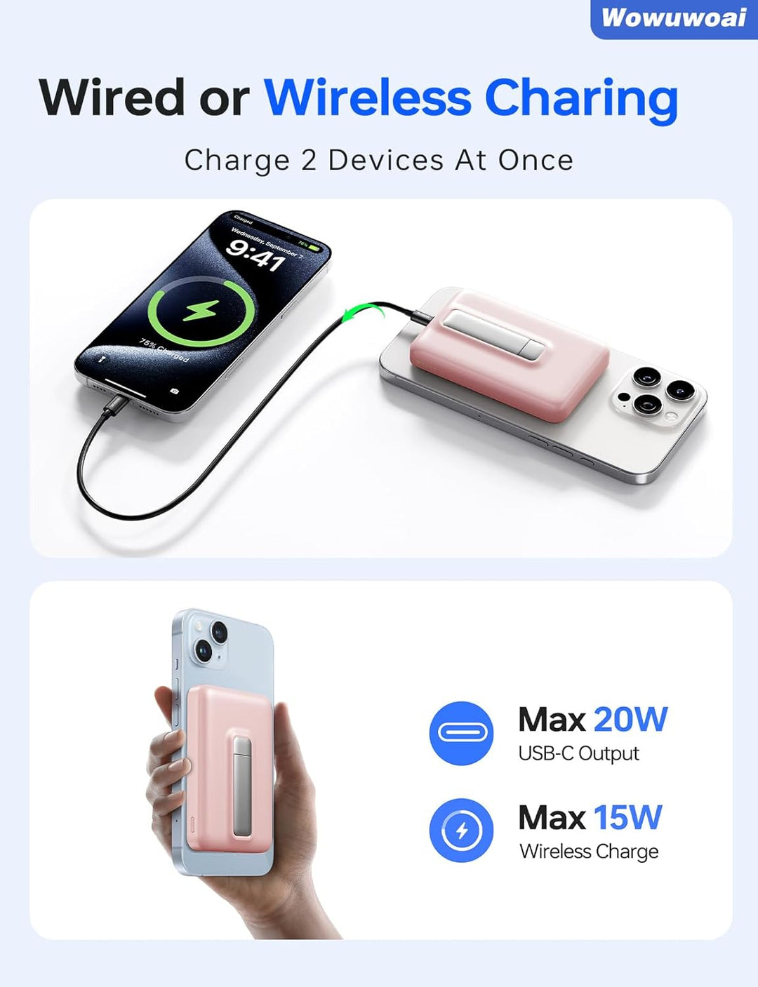 Wowuwoai Cargador portátil Magsafe, banco de energía inalámbrico de...