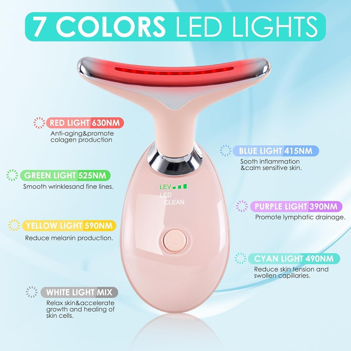 Masajeador facial con terapia de luz roja para cara y cuello, varita de esculpir cara con 7 colores (rosa brillante)