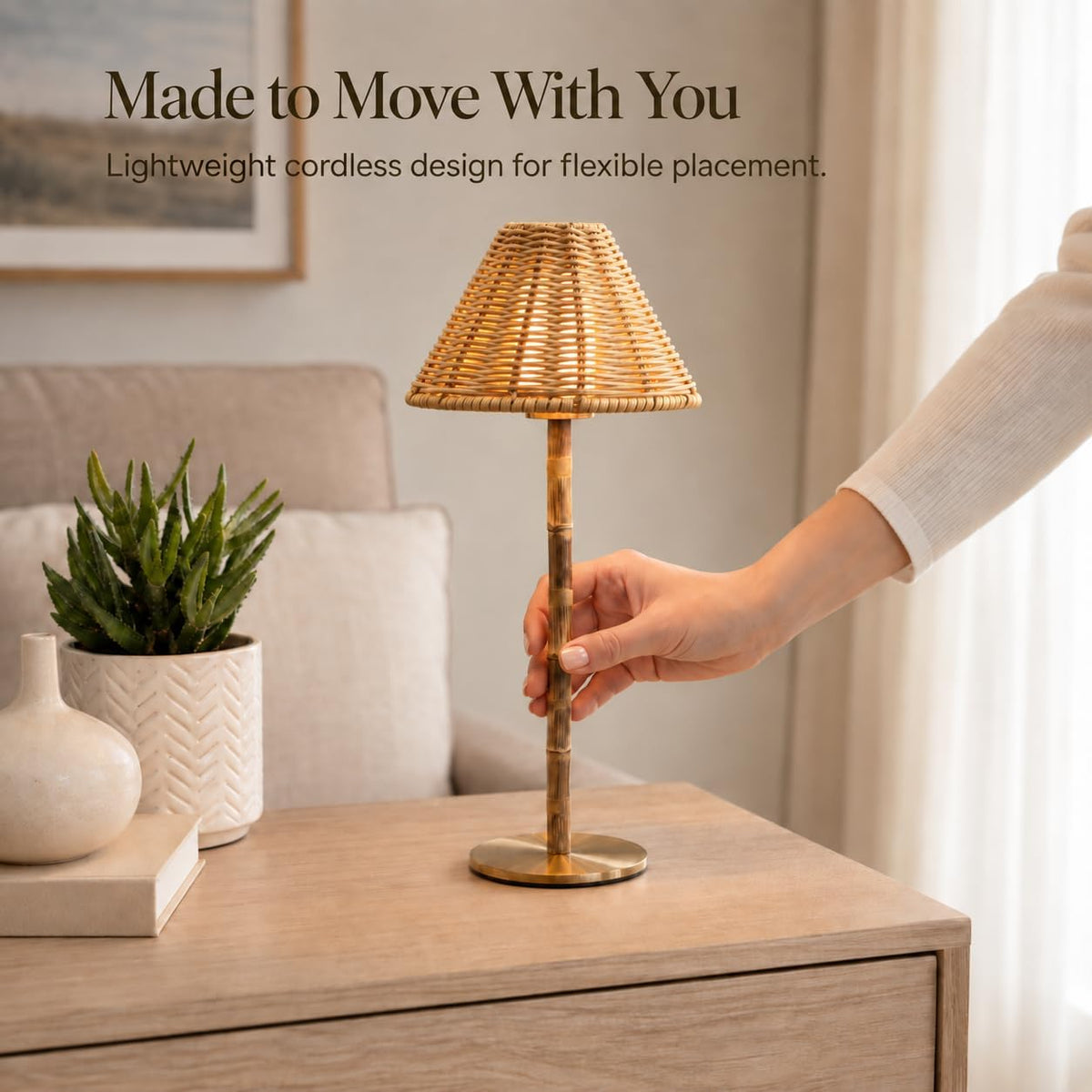 Lámpara Lámpara de mesa LED inalámbrica de bambú – Batería recargable de 24 horas, luz cálida regulable, lámpara inalámbrica portátil con control remoto para uso en interiores y exteriores, hogar, patio