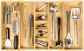 Organizador de cajones de cocina ajustable para utensilios y basura, expandible a 28 pulgadas de ancho, 9 compartimentos, 100% bambú