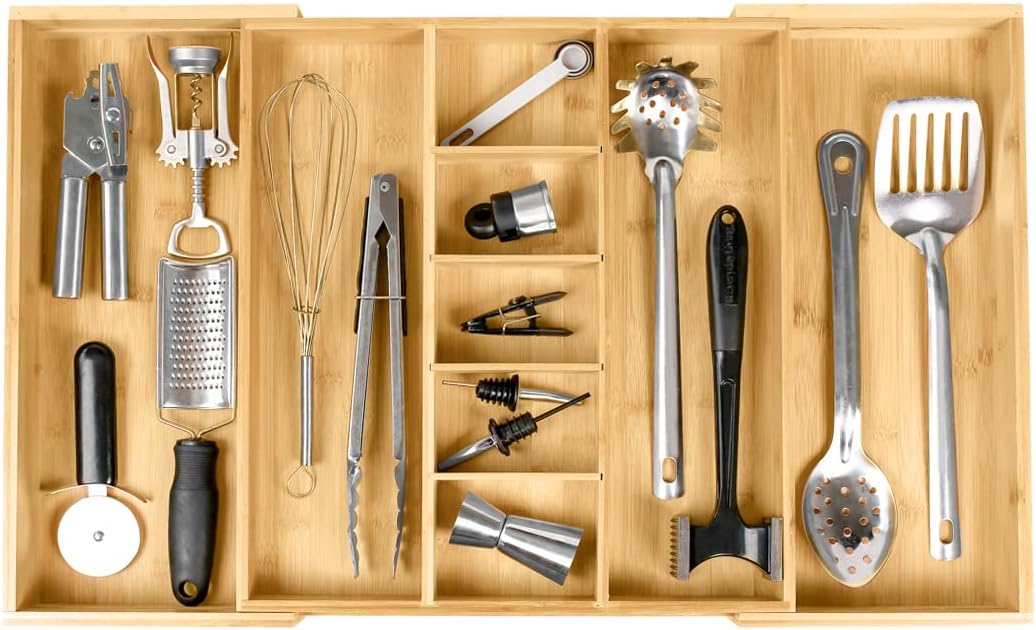 Organizador de cajones de cocina ajustable para utensilios y basura, expandible a 28 pulgadas de ancho, 9 compartimentos, 100% bambú