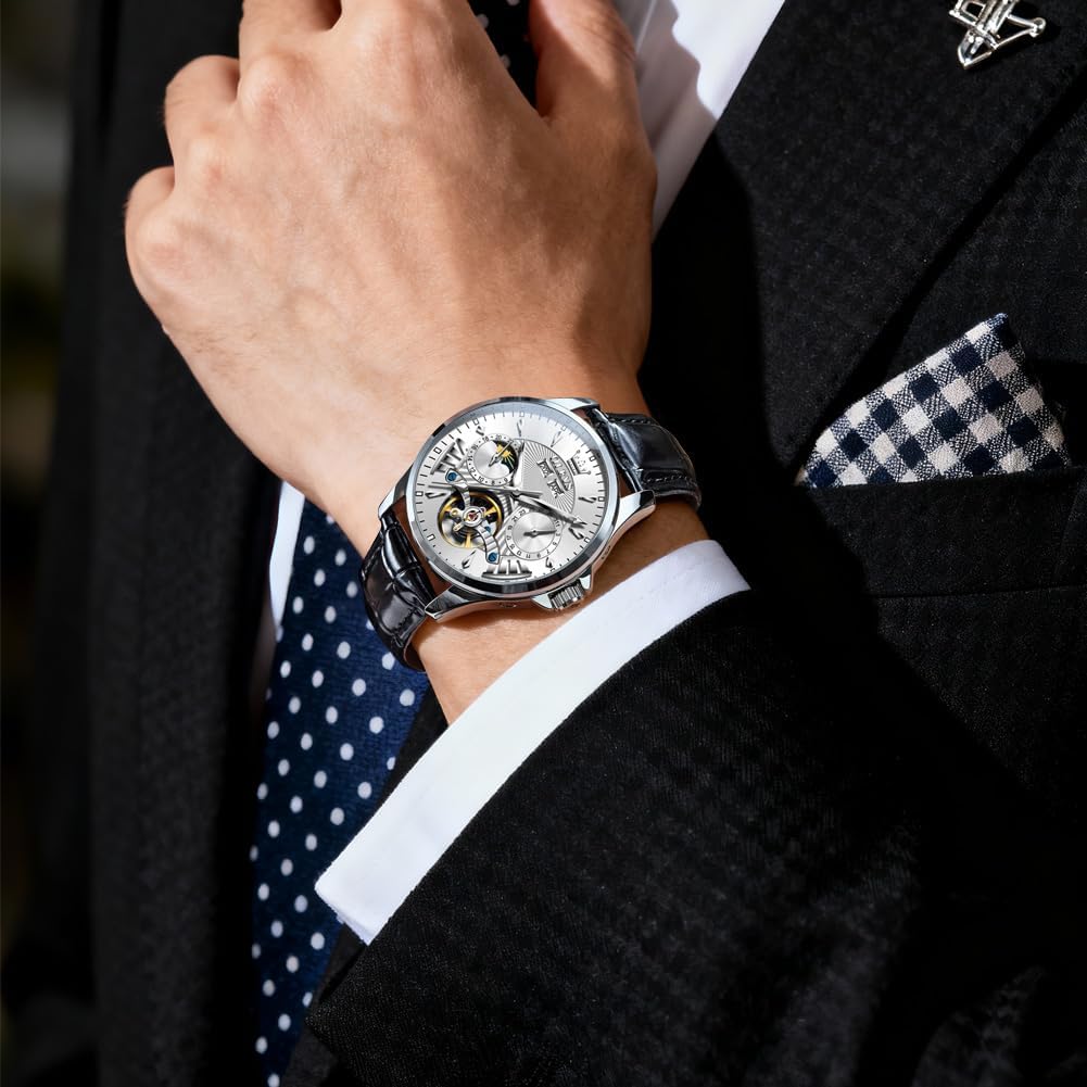 OLEVS - Relojes automáticos para hombre, multicalendario, con fase lunar, 3ATM impermeable, reloj de lujo clásico para negocios, de pulsera