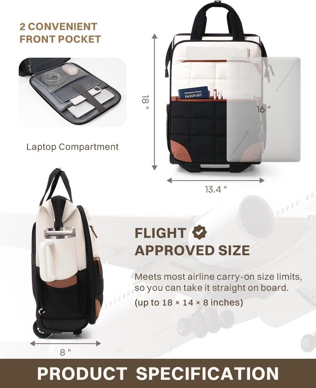 Mochila acolchada con ruedas para mujer, mochila para laptop con ru...