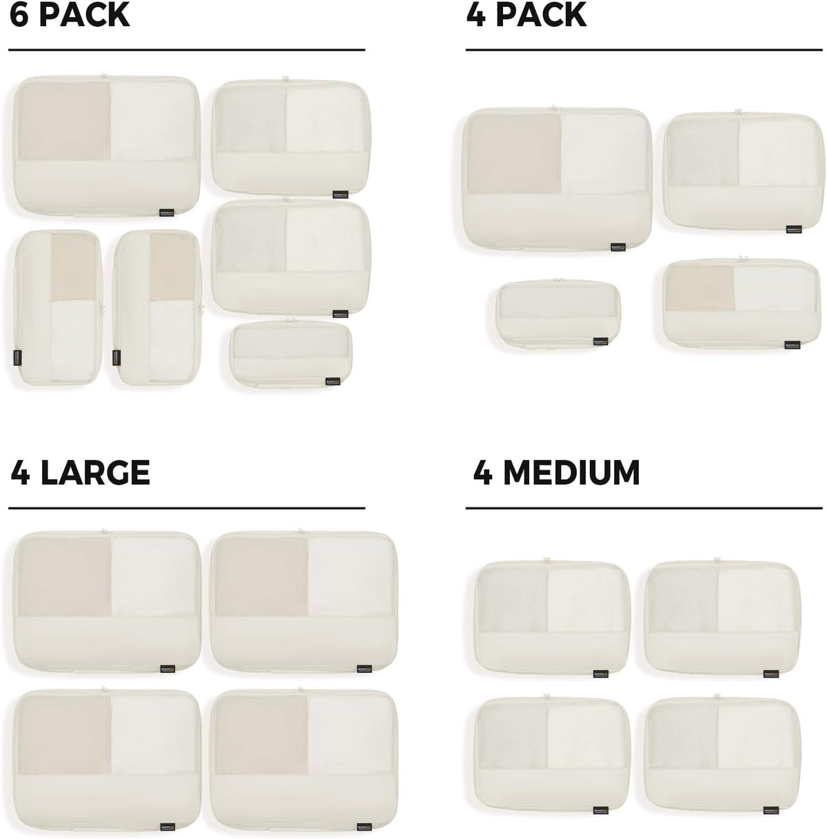Cubos de embalaje de compresión para viajes, juego de 4 cubos de embalaje ligeros para maletas y mochilas, organizador que ahorra espacio para ropa, Blanco roto 4L, 4 grandes