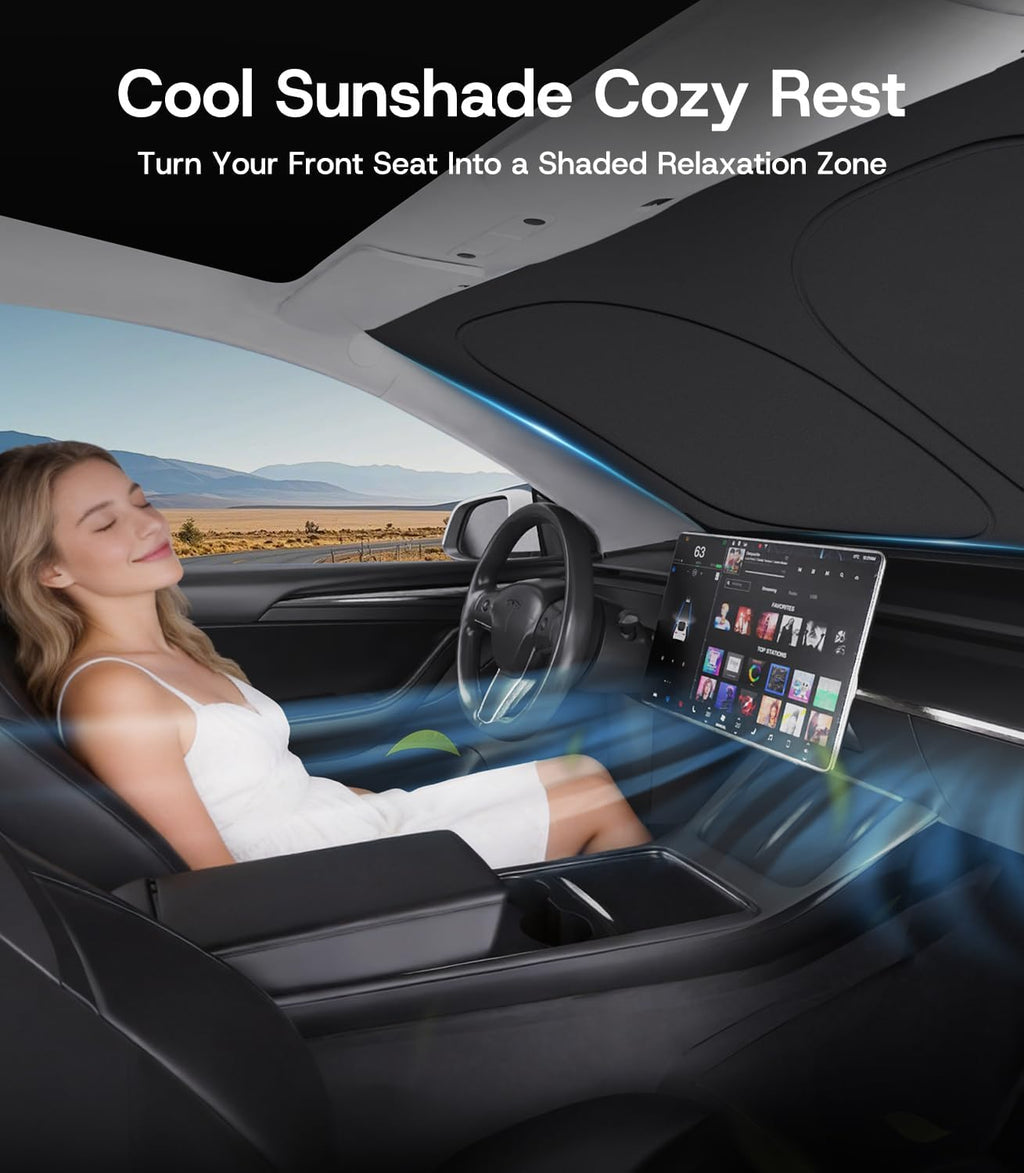 Parasol para parabrisas para Tesla modelo Y/3 2016-2026 (Juniper/Highland), [100% bloqueador solar y antiarrugas] protección UV, aislamiento térmico, cubierta de ventana delantera para Tesla