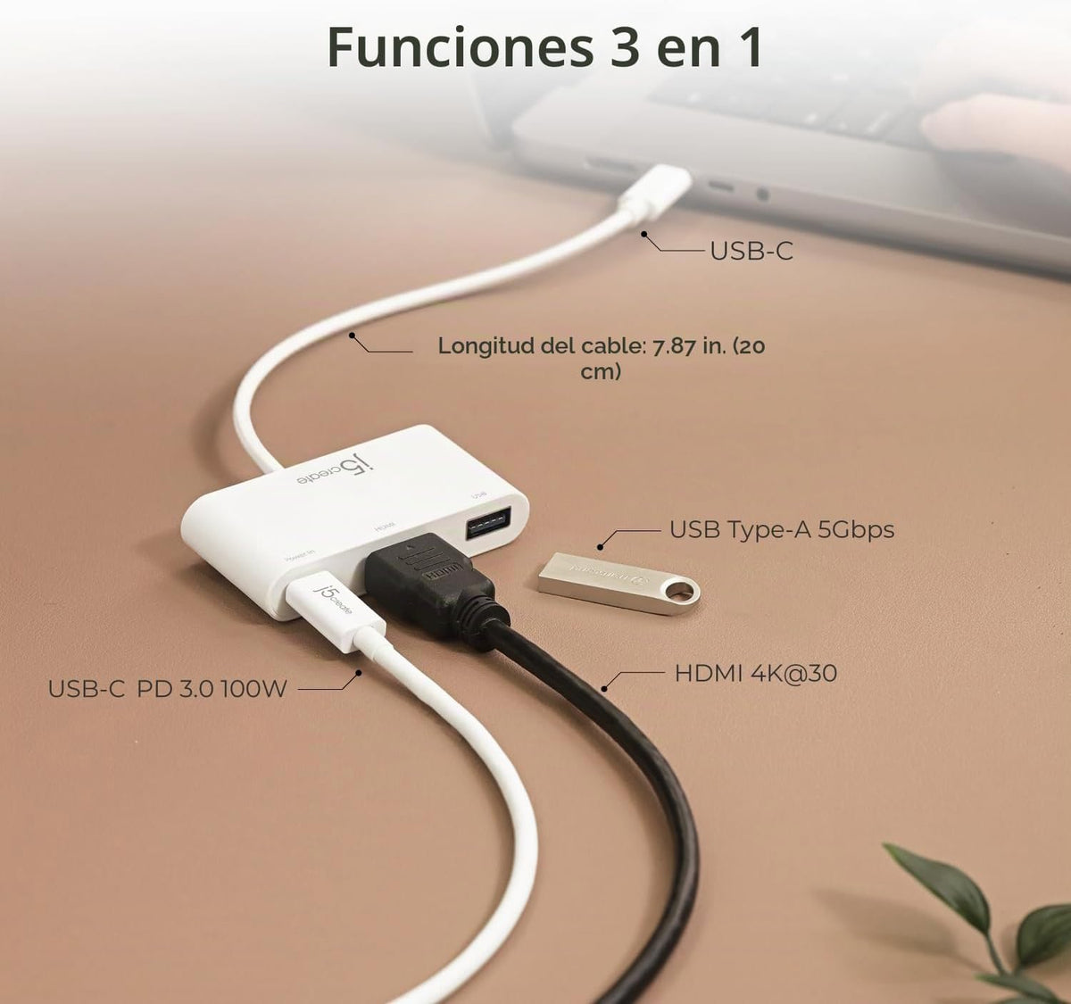 j5create USB tipo C a 4K HDMI y USB-A 3.0 con PD 100W