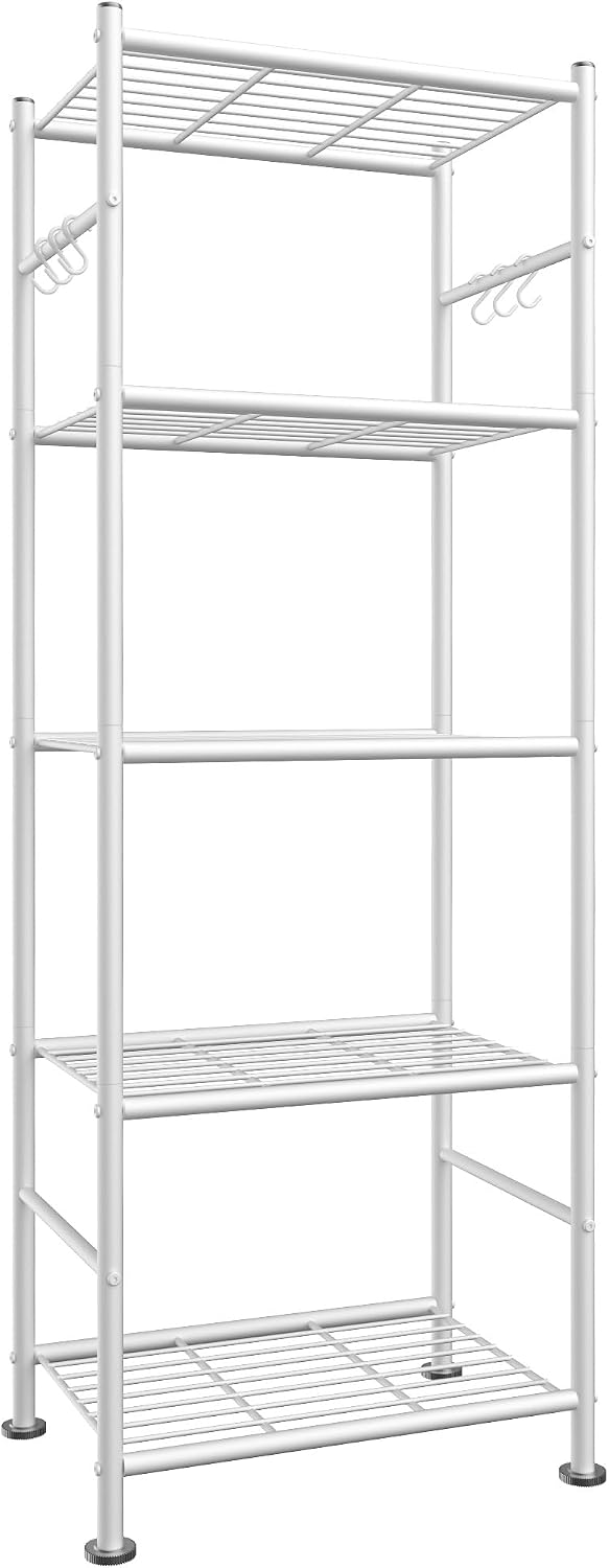 Organizador de almacenamiento 5T con ganchos, estante de metal resistente con patas niveladoras, estante independiente para dormitorio, balcón y garaje, 18.1 x 12.4 x 56.8 pulgadas, blanco
