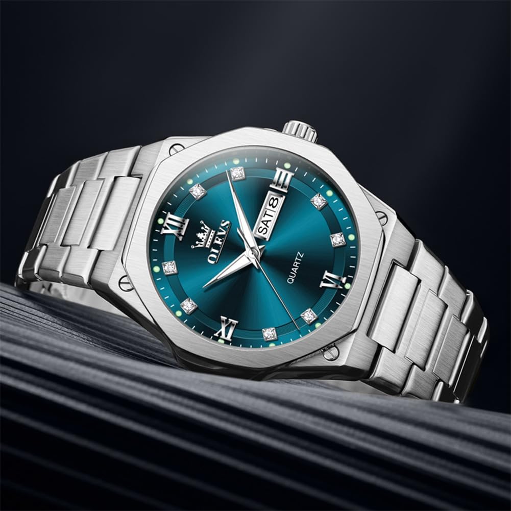 OLEVS Reloj de cuarzo octogonal de acero inoxidable para hombre, resistente al agua, para negocios, casual, de vestir, reloj de pulsera de lujo con diamantes luminosos para el día y fecha, regalo para