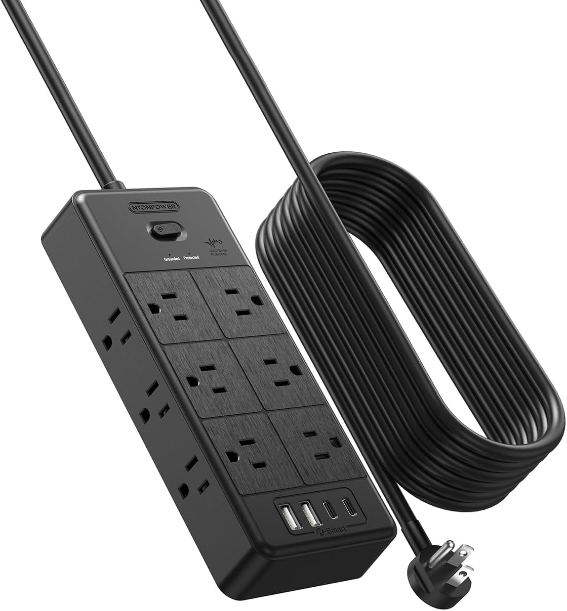 NTONPOWER - Protector de sobretensiones de 20 pies, cable de extensión largo con 12 tomas de corriente y 4 puertos USB (2 USB C), extensor de salida múltiple de 3 lados
