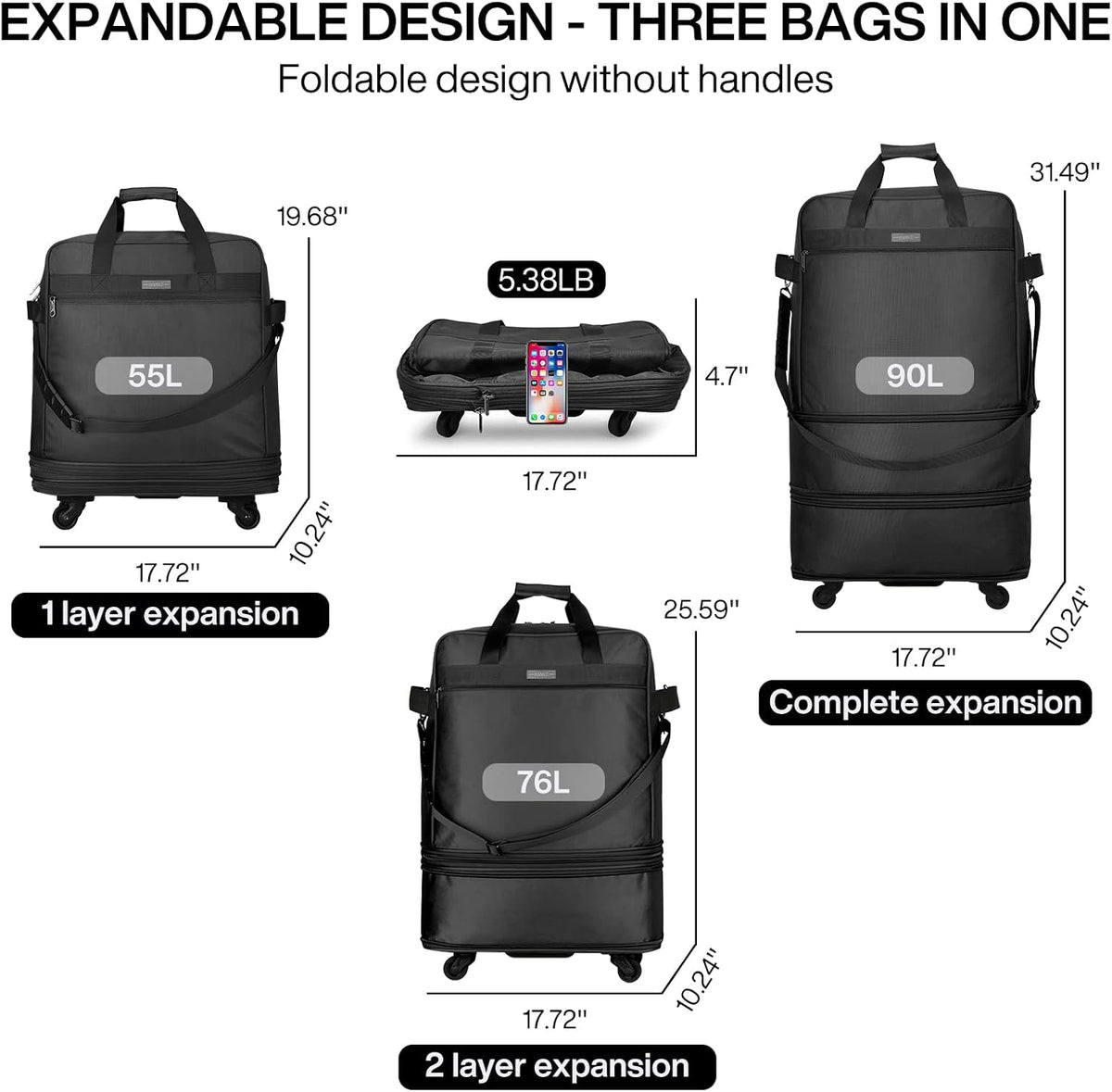 Maletas Hanke con ruedas, bolsa de viaje expandible y plegable, maleta de lona plegable, bolsa de viaje colapsable y rodante, bolsa de lona para hombres y mujeres, maletas ligeras sin asa telescópica