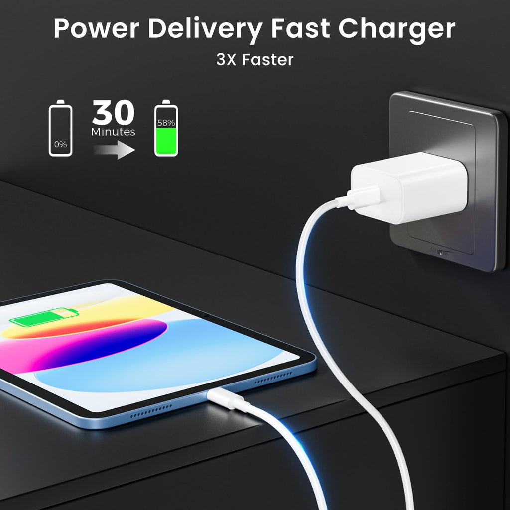 Paquete de 2 cargadores de pared USB C de 20 W con cable de carga rápida USB C a USB C de 10 pies de largo para Apple iPad Pro de 13/12.9/11 pulgadas, iPad A16/10ª generación, iPad Air 11/13 pulgadas